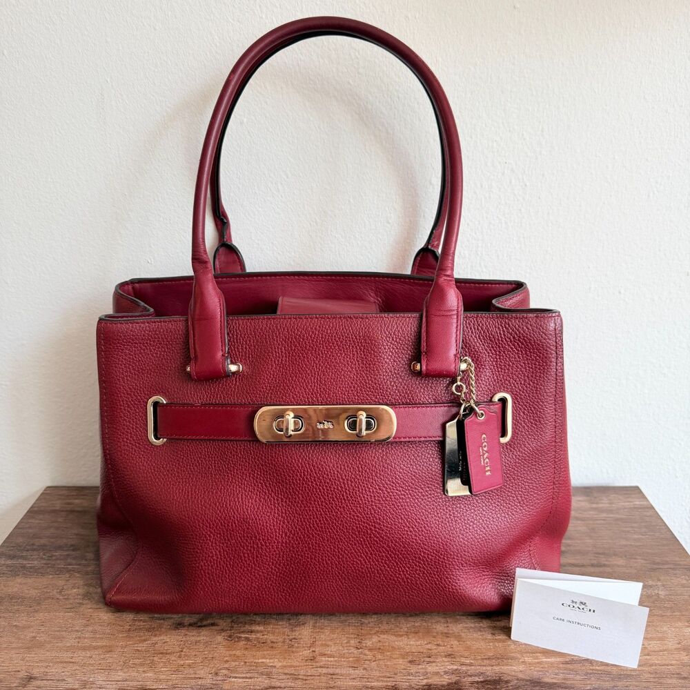 Coach Swagger Carryall 36488 Black Cherry Pebble Leather Tote Bag Gold Hangtag